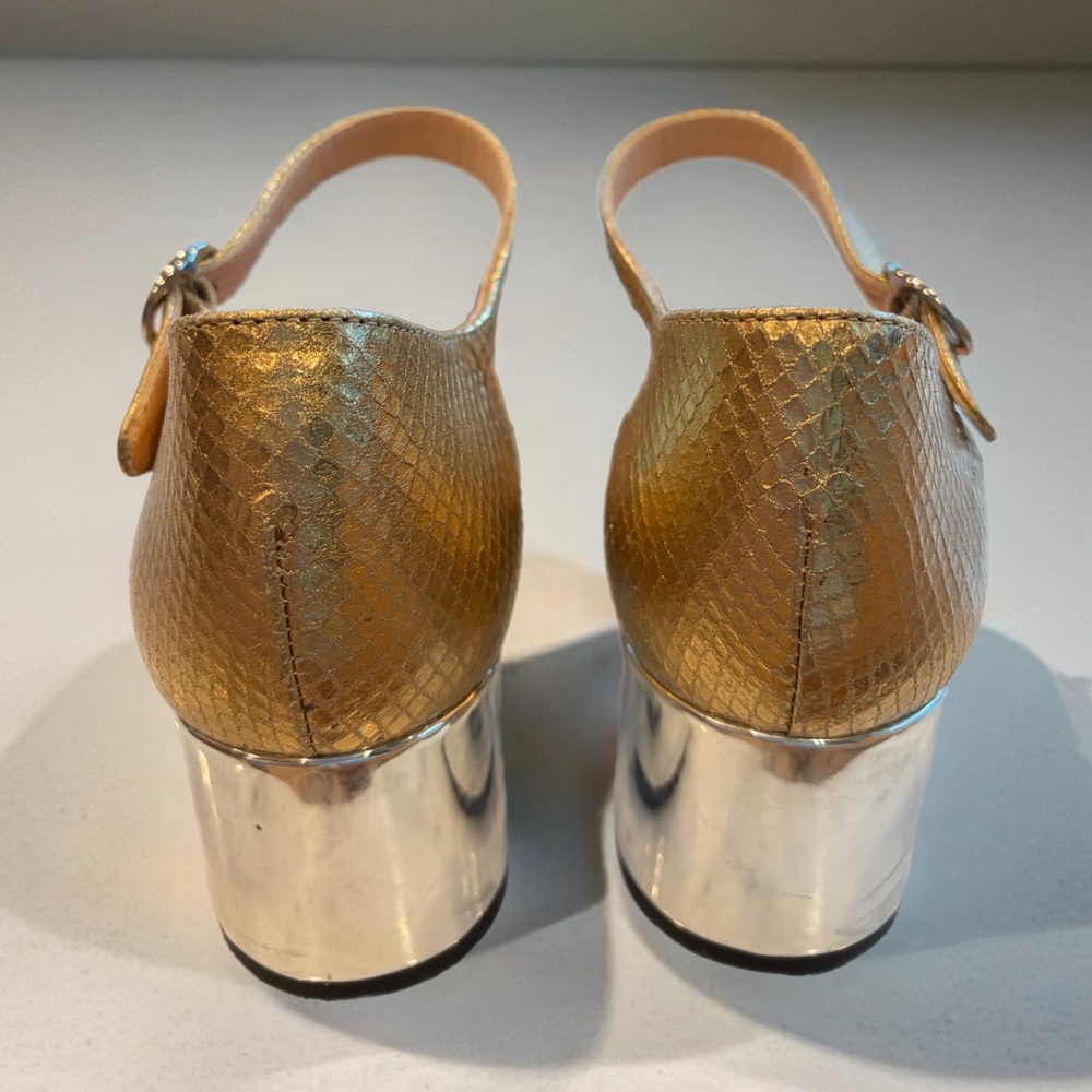 J Crew Millie maryjane heels, snake-embossed gold leather, silver cap toes,8.5 - Picture 4 of 16
